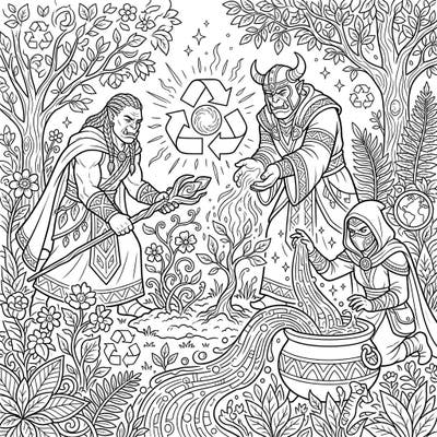 Step into a world where mighty Orc Warlocks use their ancient magic to celebrate and protect nature this Earth Day. This intricate coloring page invites you to bring a fantastical environmental scene to life with your vibrant colors.