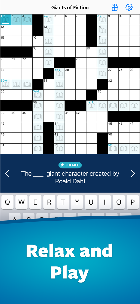 Crossword puzzle grid with a Giants of Fiction theme and a clue about a Roald Dahl character