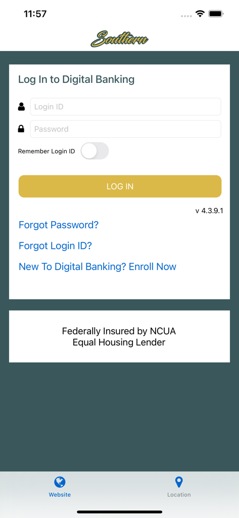 Southern Credit Union - Login screen for the Southern Credit Union digital banking app featuring fields for login ID and password.