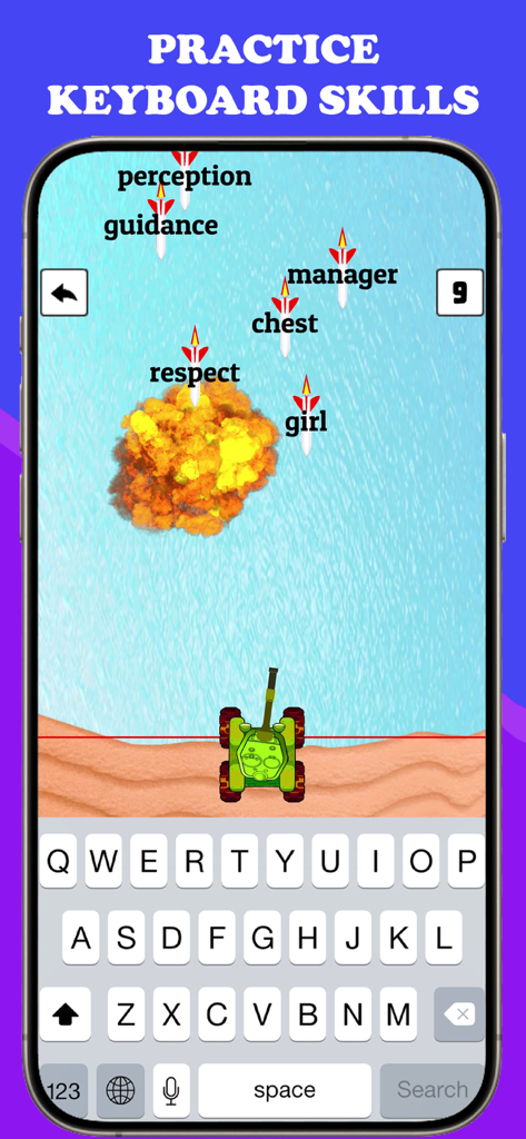Type Blast: Fast Typer Club - A mobile game interface showing a tank shooting down words on missiles as the player types on a virtual keyboard