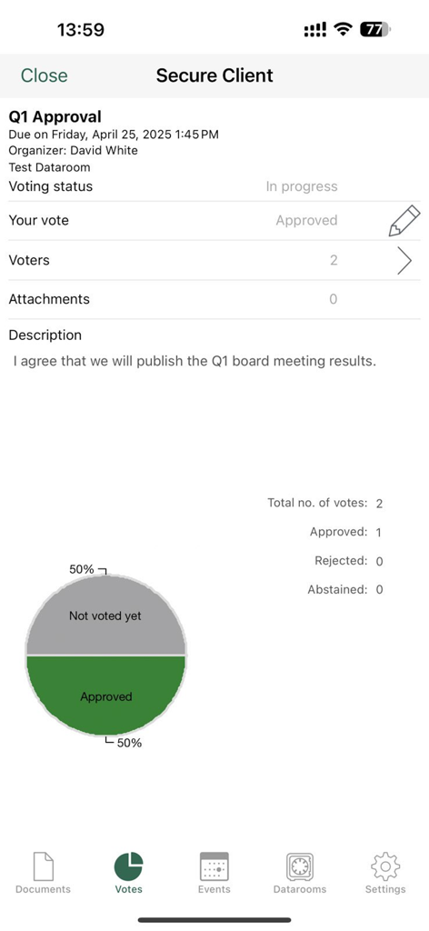 Brainloop Secure Client - Brainloop Secure Client mobile app showing the voting status and results for a corporate board resolution