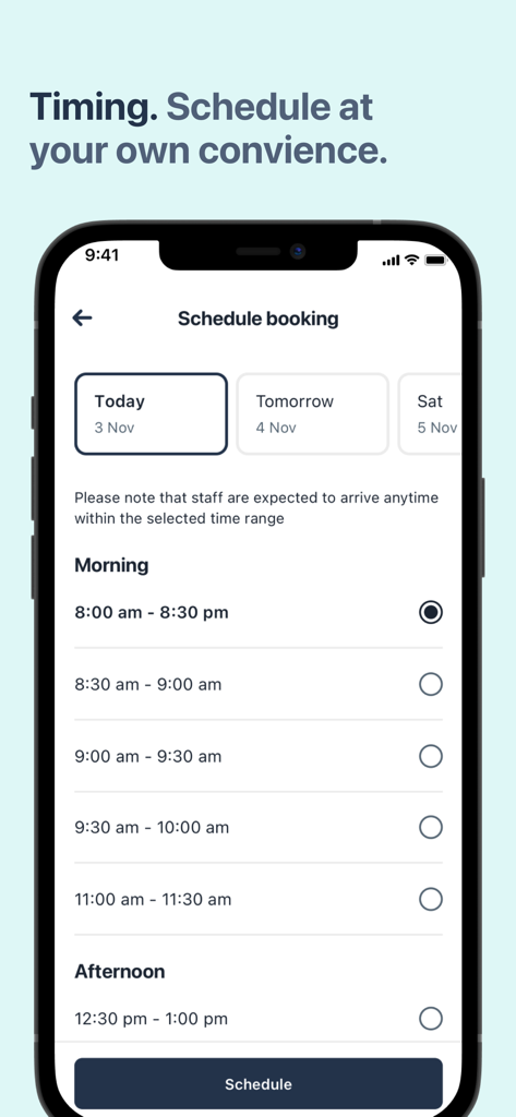 justclean - A mobile interface from the justclean app showing options to schedule a service booking by choosing a date and time slot