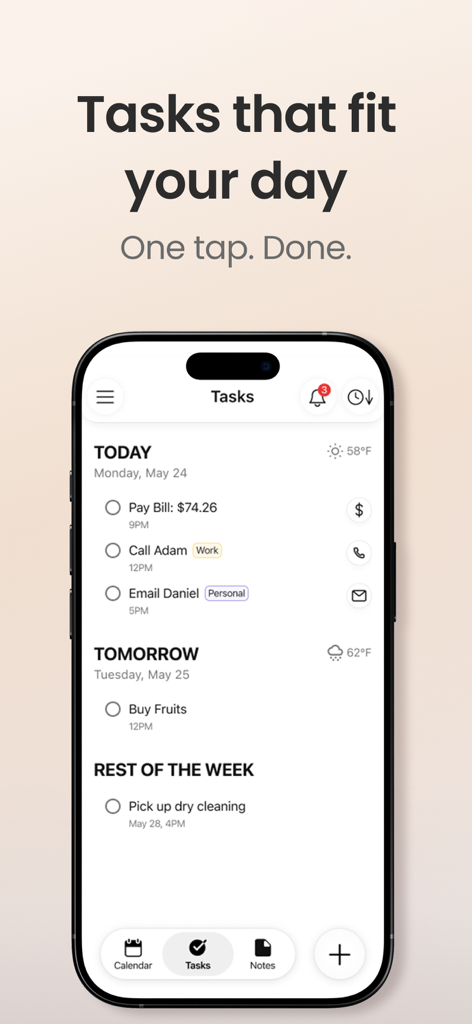 24me: Calendar・Planner & To Do - Interfaz de la aplicación gestora de tareas 24me que muestra una lista de tareas diarias en un iPhone
