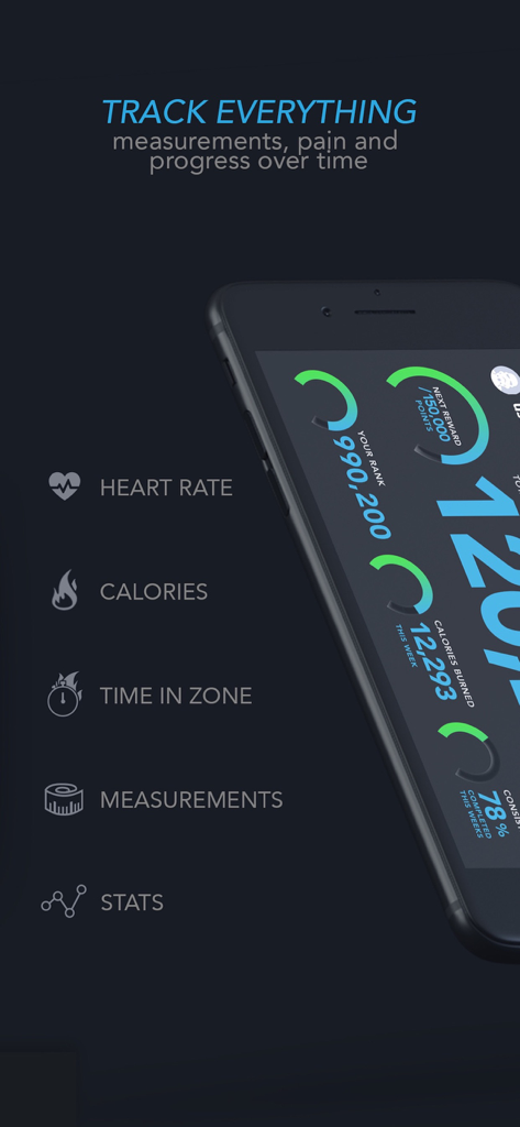 DDP Yoga app tracking interface showing heart rate calories and workout progress stats