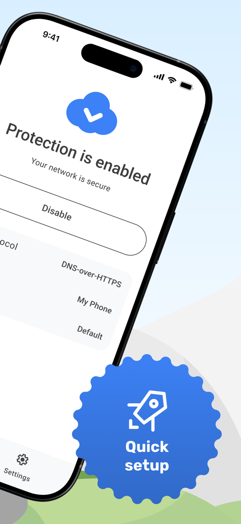 AdGuard DNS - Interface of AdGuard DNS app on iPhone with protection enabled and network security confirmed.