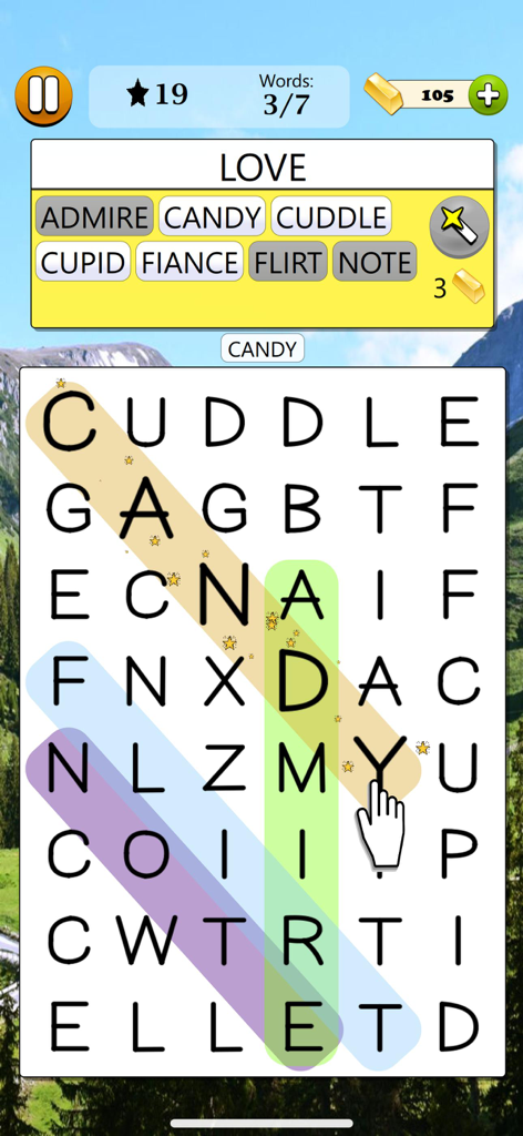 Word Search - Word Game - 몇 개의 단어가 강조 표시되고 그림 같은 산 배경이 있는 단어 검색 퍼즐 그리드.