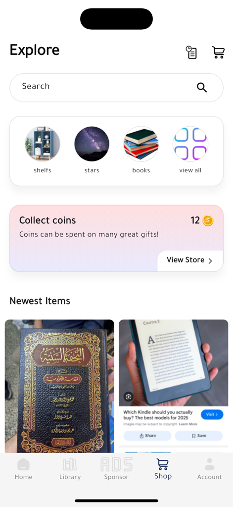 Raz: Books & Gift - Página Explorar de la aplicación Raz que muestra la funcionalidad de búsqueda, categorías de libros y un sistema de recompensas de monedas para una experiencia de lectura gamificada