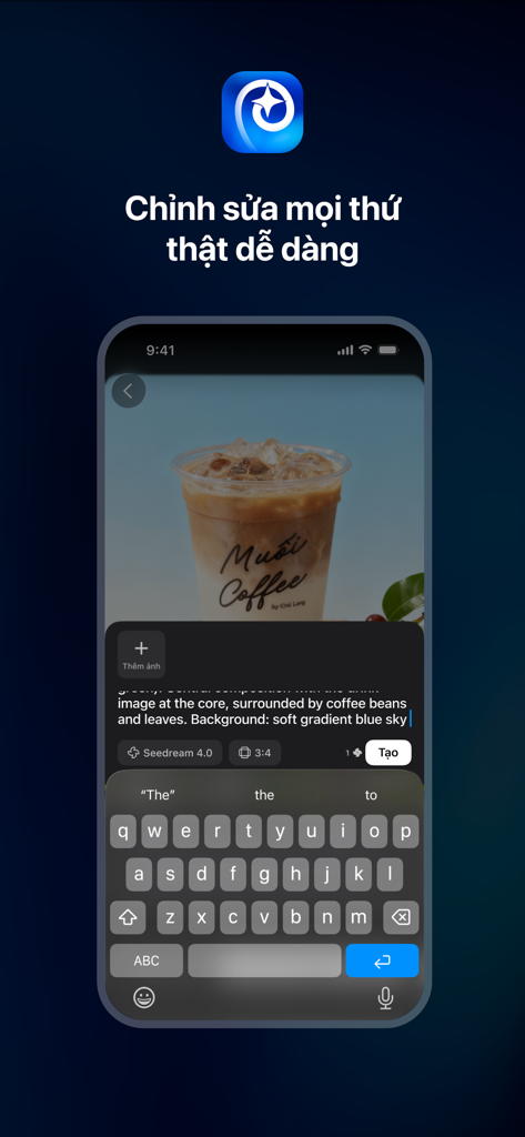 Interfaz de smartphone de la aplicación Pimi AI Ads Maker mostrando una foto de producto de café siendo editada con indicaciones de IA