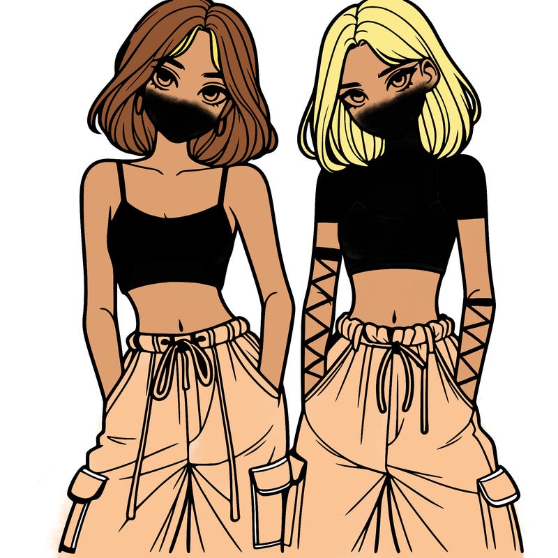 two girls with crop top with baggy pants