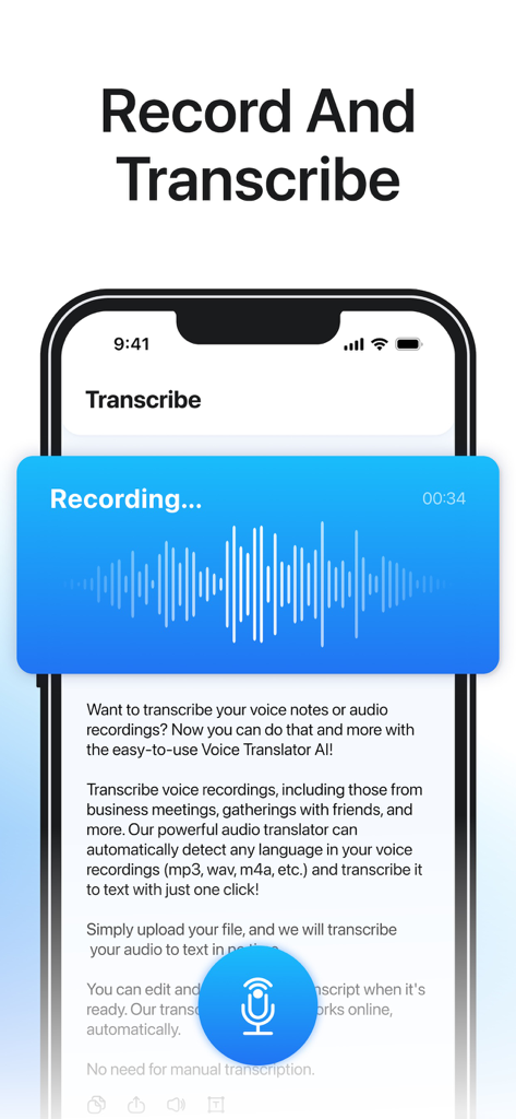 Interfaccia dell'app SAY per registrare e trascrivere audio con una forma d'onda visiva