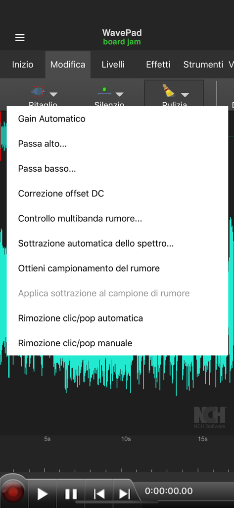 WavePad Professionale 2022 Menü zur Audioreinigung mit Optionen zur Rauschunterdrückung und Filtern