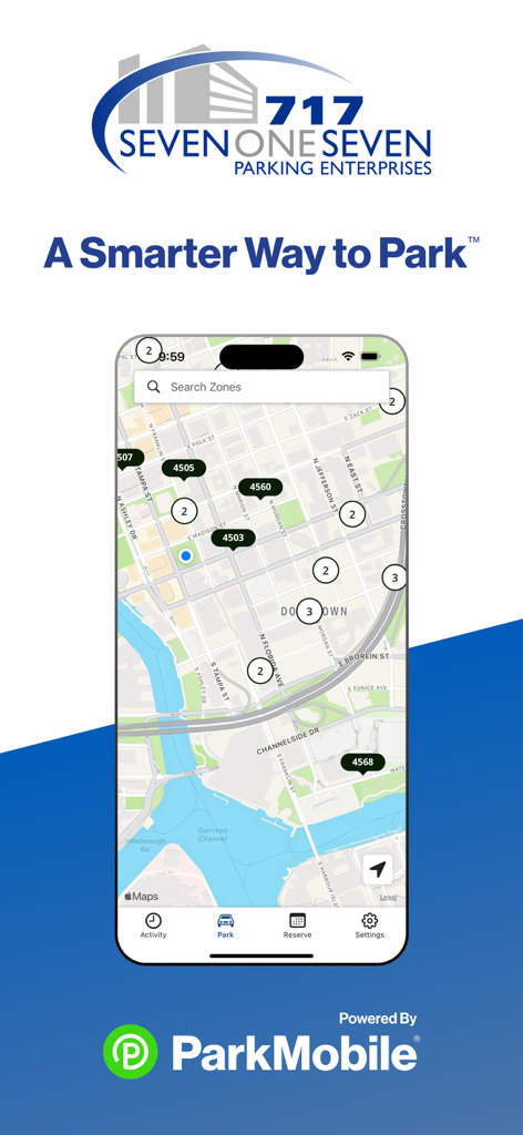Smartphone screen showing the 717 Parking app map with parking zone markers in downtown Tampa