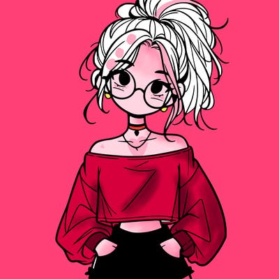 girl with a messy ponytail glasses a baggy crop top and jean shorts