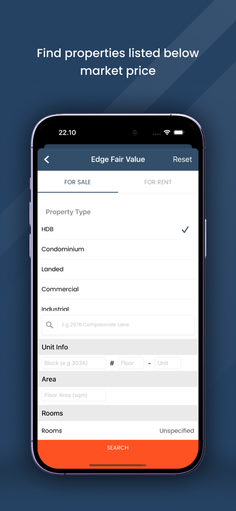Edge Fair Value search screen on the EdgeProp Analytics Singapore app showing property valuation tools.