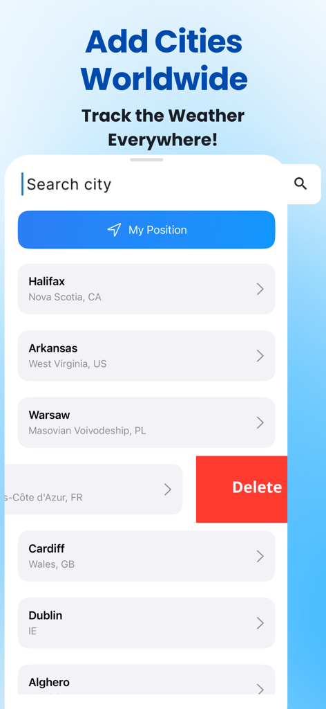 Rain Now app interface for searching and adding multiple cities to track weather worldwide