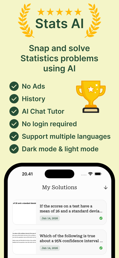 Stats AI: Statistics Solver - Stats AI App-Oberfläche mit Funktionsliste und gespeicherten Statistik-Lösungen
