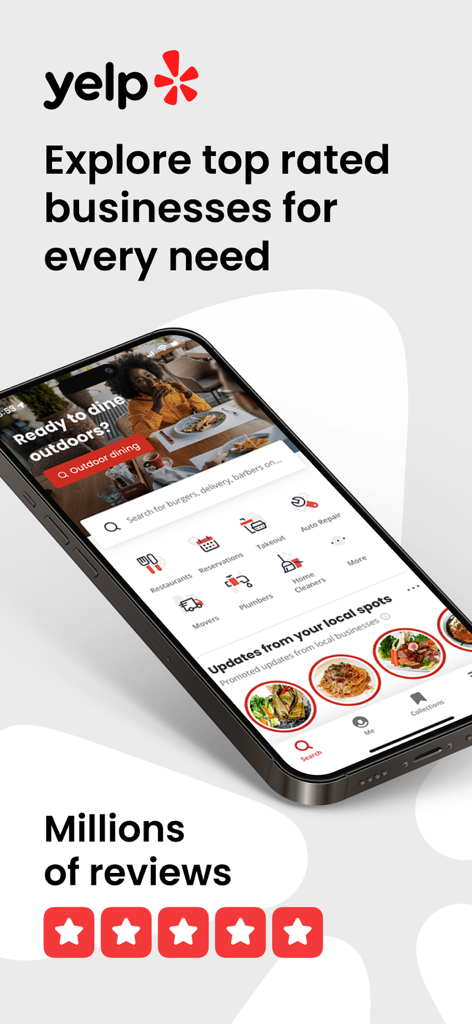 Tela de smartphone exibindo a interface do aplicativo Yelp para descobrir restaurantes locais e serviços domésticos de melhor classificação.