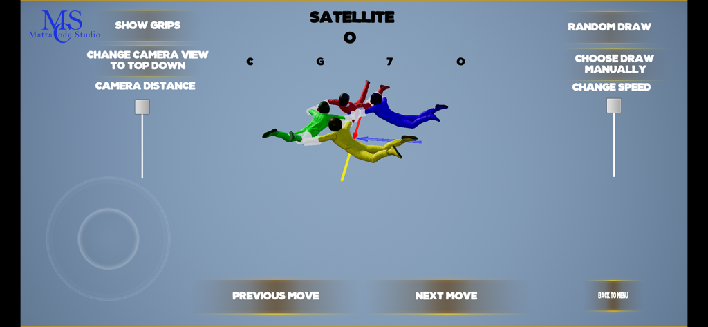 FS Formation Skydiving - A 3D visualization of four skydivers performing a Satellite formation in the training app