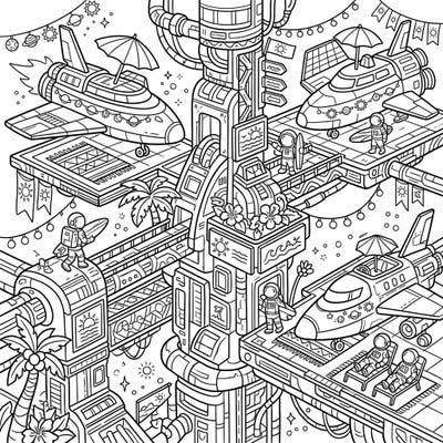 Imagine a summer getaway like no other with our Space Docking Port Summer coloring page. This intricate design blends futuristic space travel with relaxing tropical vacation vibes, inviting you to color an extraordinary scene.