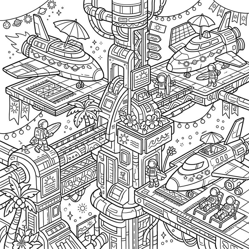 Imagine a summer getaway like no other with our Space Docking Port Summer coloring page. This intricate design blends futuristic space travel with relaxing tropical vacation vibes, inviting you to color an extraordinary scene.