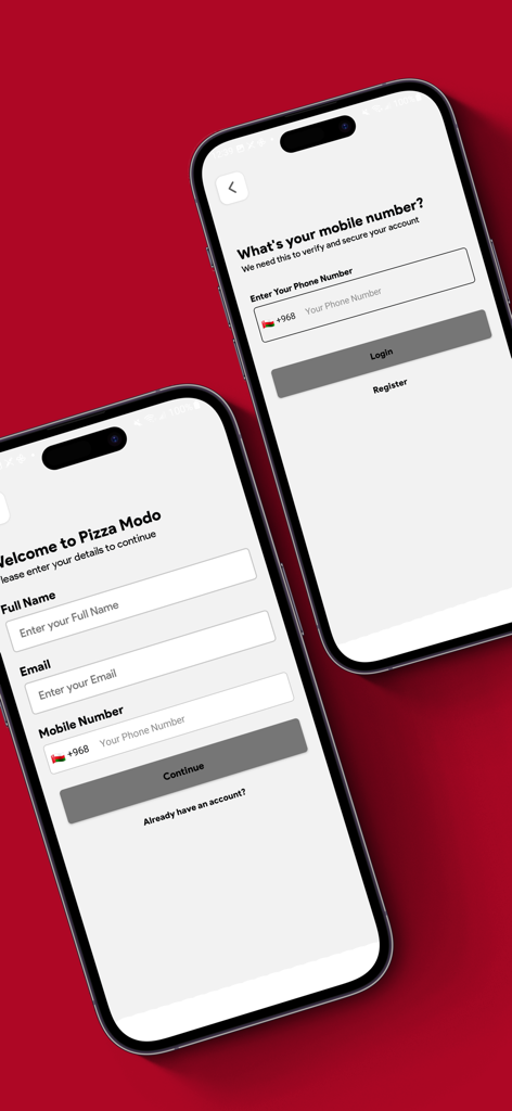 Pizza Modo - Pizza Modo app registration and login screens showing mobile number and email fields
