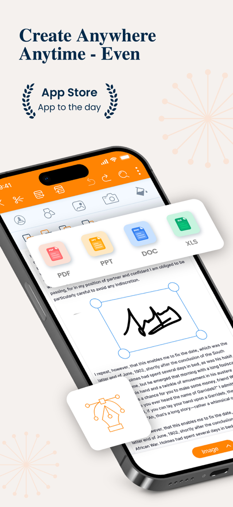 PPT Editor: Power Point Sheets - PPT Editor app interface on a smartphone showing document editing and file format icons