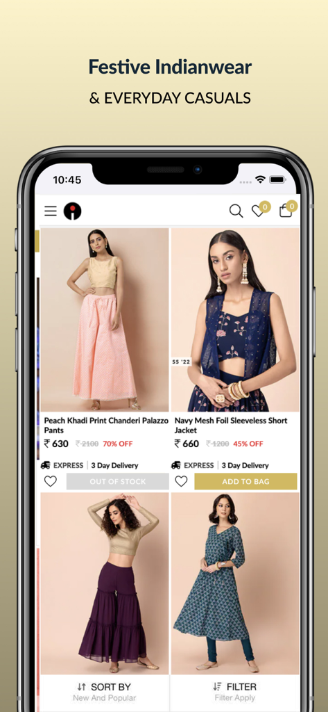 Indya Women Indian Wear Online - Indyaアプリ。女性向けの、お祭り用とカジュアル用のインドウェアを表示。