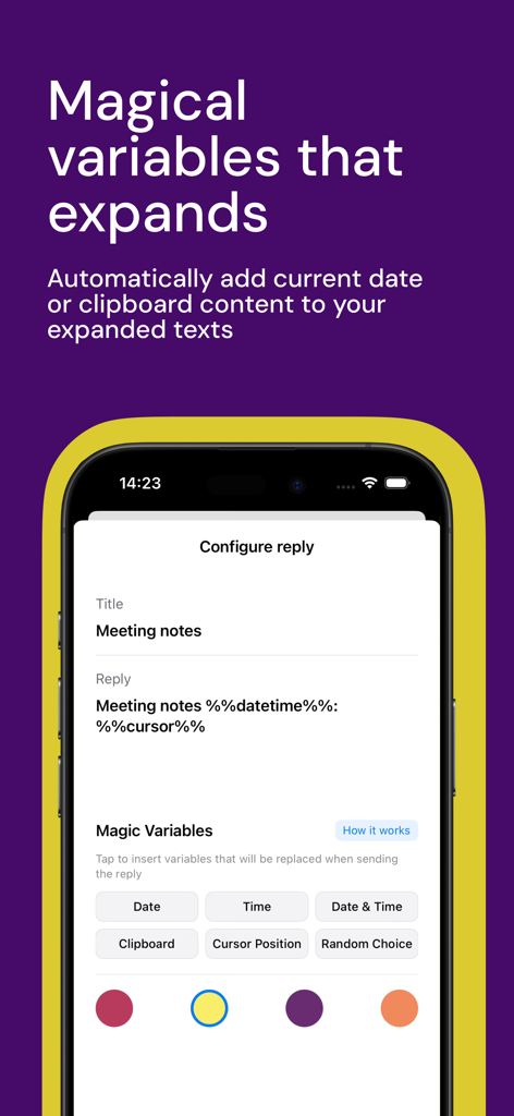 Pantalla que muestra cómo configurar un atajo de texto con variables dinámicas como fecha y hora en la aplicación Expansor de Texto.