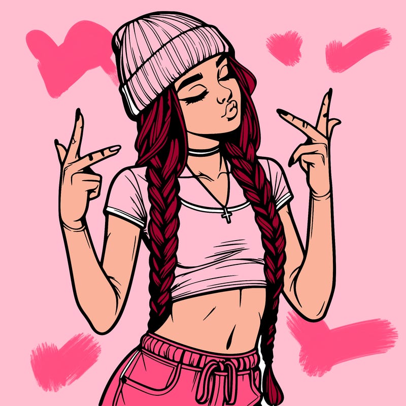 realistic teenage girl with braids and a beanie and crop top doing 🫶🏼