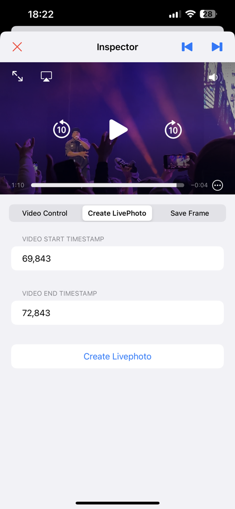 Interfaz para crear una Foto en Movimiento a partir de un segmento de vídeo en la aplicación Video to Frames