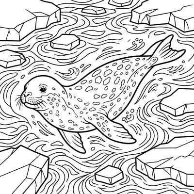 Explore the frozen depths with this thrilling leopard seal coloring page, featuring the powerful predator swimming amidst icy waters and floes. Perfect for artists who love marine life and dramatic Antarctic scenes.