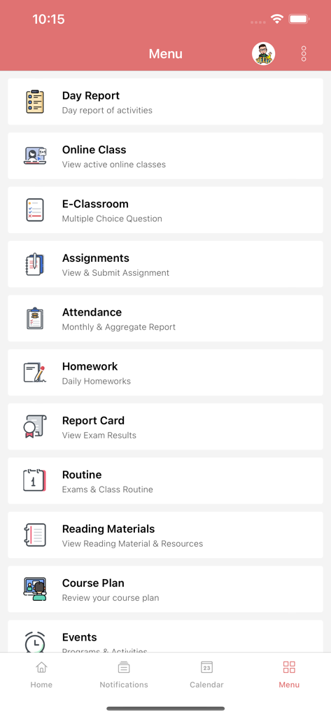 Veda - Students App - Veda Students App dashboard menu showing features like assignments attendance homework and report cards