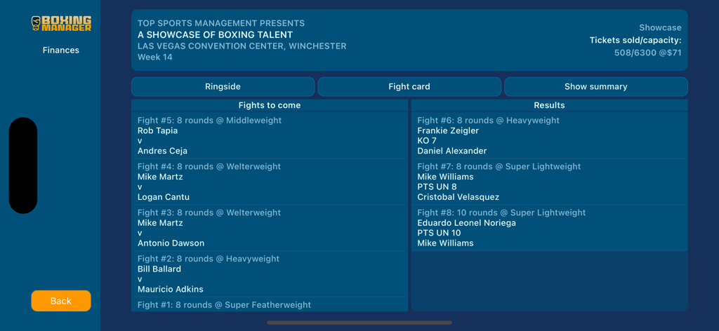 Boxing Manager - A screenshot of the Boxing Manager mobile app displaying a fight card with upcoming matches and event results in Las Vegas.