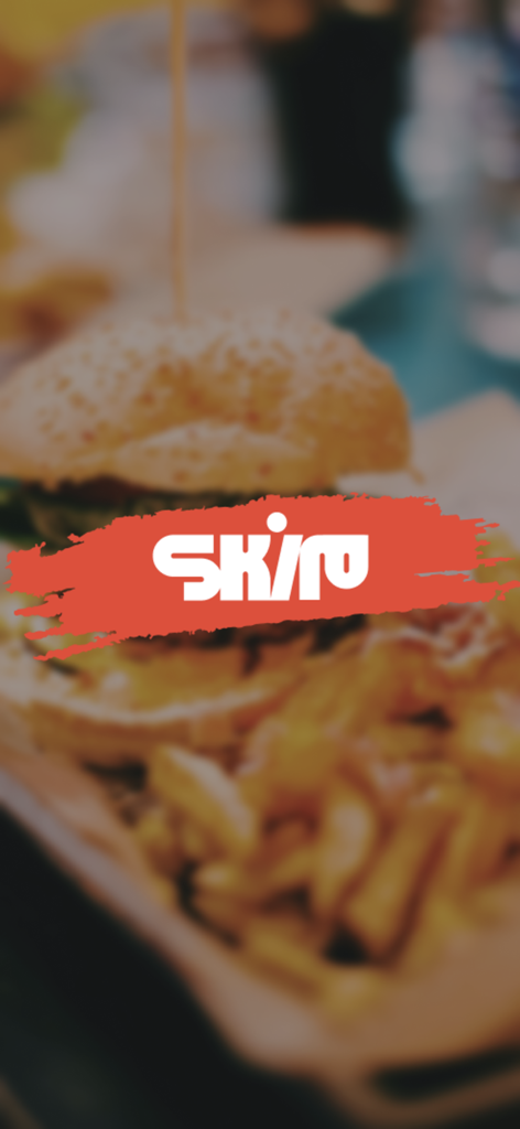 Skip App - Skip App logo on a burger and fries background
