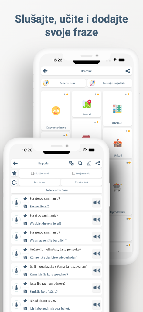 Écrans de smartphone affichant l'interface de l'application Learn Bosnian German avec des catégories pour les phrases quotidiennes et les traductions allemandes liées au travail.