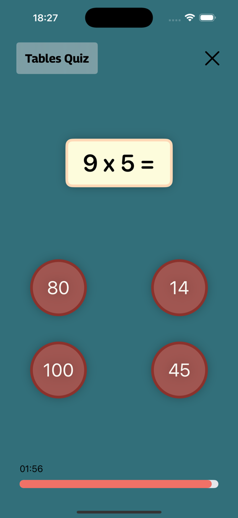 Tafels trainer - A multiplication quiz interface showing the problem nine times five with four multiple choice options and a progress timer