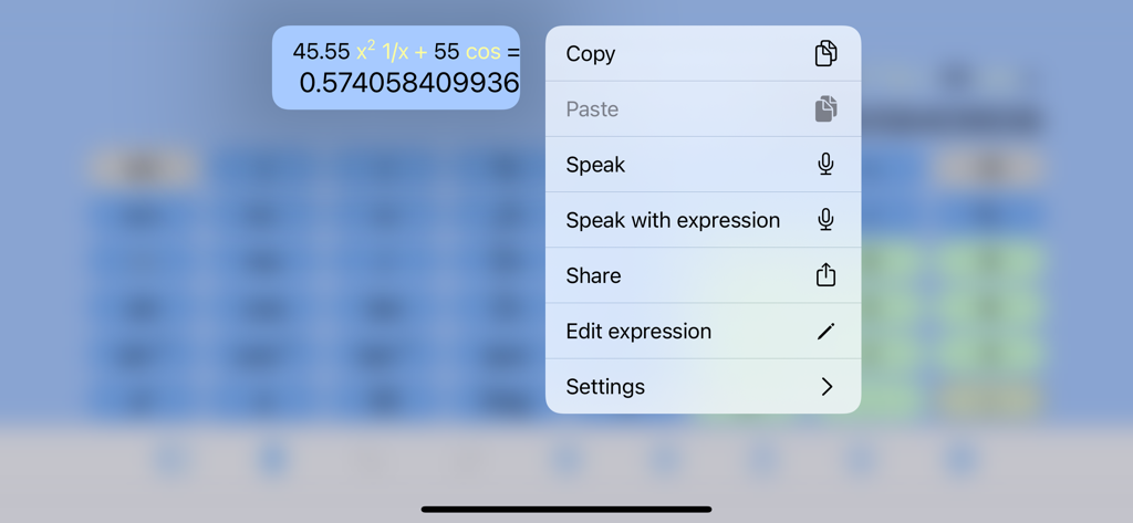Context menu in All in One Calculator showing options for copy speak share and expression editing