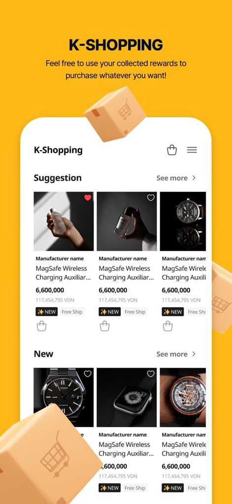 Doorian Global app screen showing the K-Shopping interface where users can spend earned rewards on various products