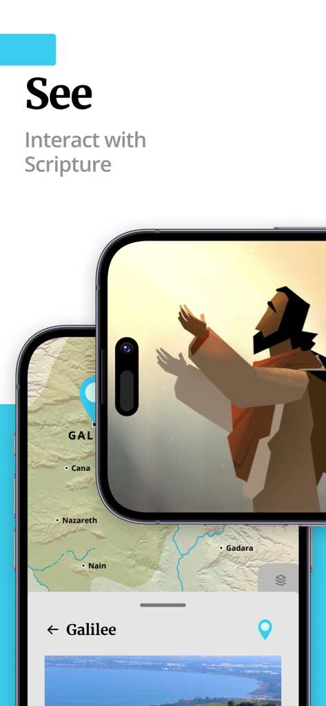 Filament Bible - Filament Bible app interface showing interactive maps of Galilee and biblical illustrations on a smartphone