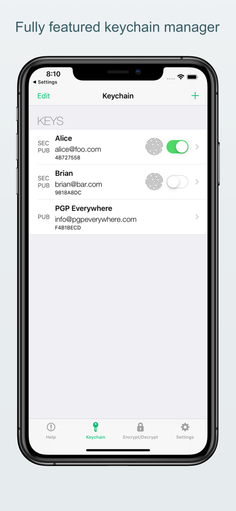 Pantalla del gestor de llavero de la aplicación PGP Everywhere que muestra una lista de claves de cifrado para Alice y Brian con la configuración de Touch ID.