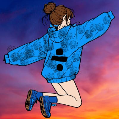 realistic girl jumping with a bun and oversized sweatshirt