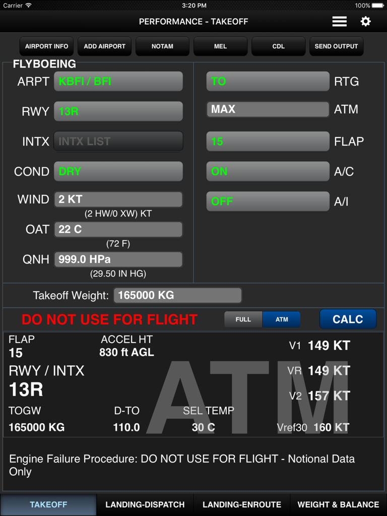 Takeoff performance calculation screen in the Boeing Onboard Performance Tool app