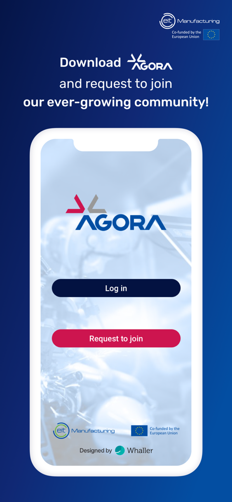 AGORA by EIT Manufacturing - Pantalla de bienvenida de la app AGORA, mostrando botones de inicio de sesión y solicitud de acceso