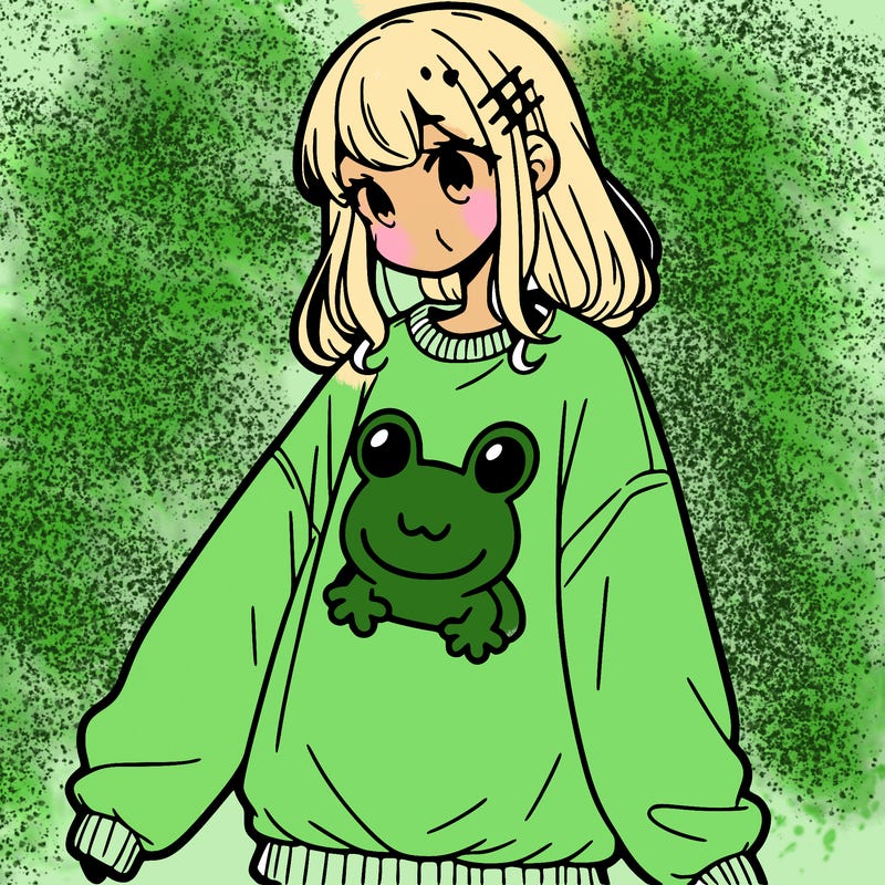 girl wearing frogging sweatshirt