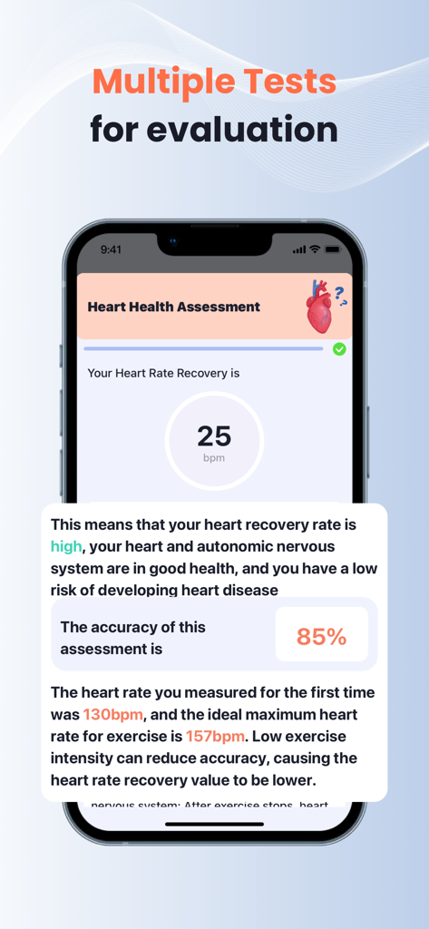 Heartbeat Pulse Detection-Life - iPhone screen displaying a Heart Health Assessment result with heart rate recovery data and health analysis.