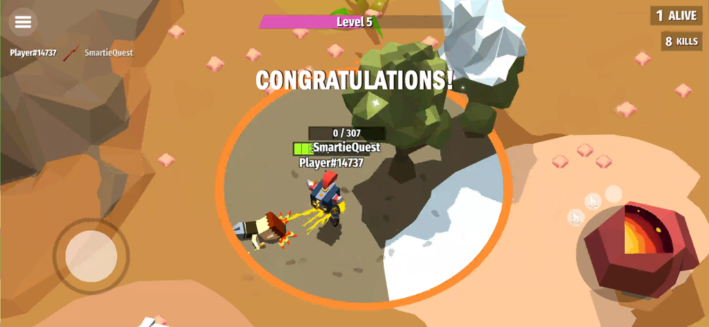 Magica.io - A victory screen in Magica.io showing a low-poly hero character after winning a battle royale match.