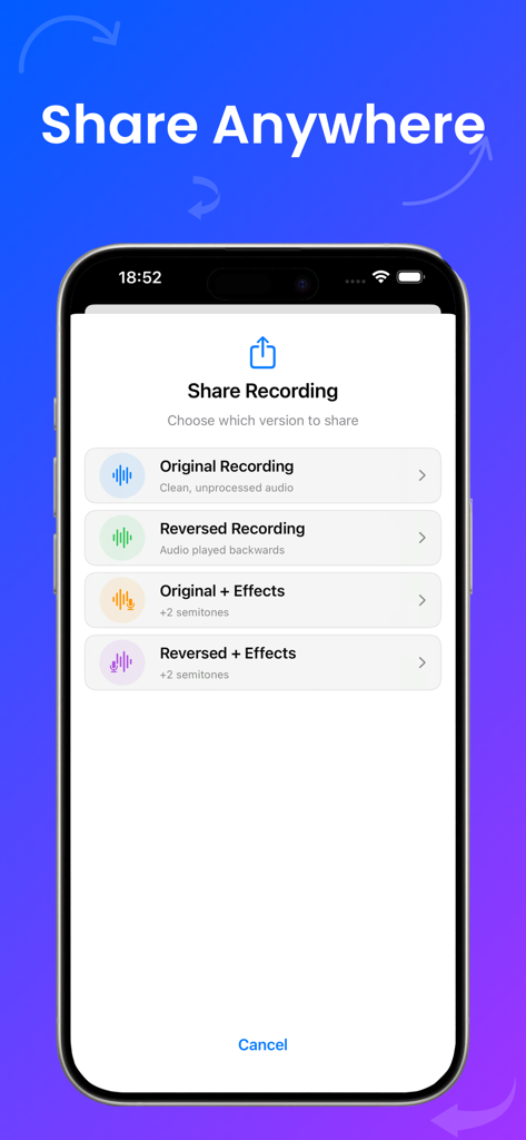 Sound Reverser: Audio Effects - Menu de partage d'enregistrement avec des options audio originales et inversées dans l'application Sound Reverser