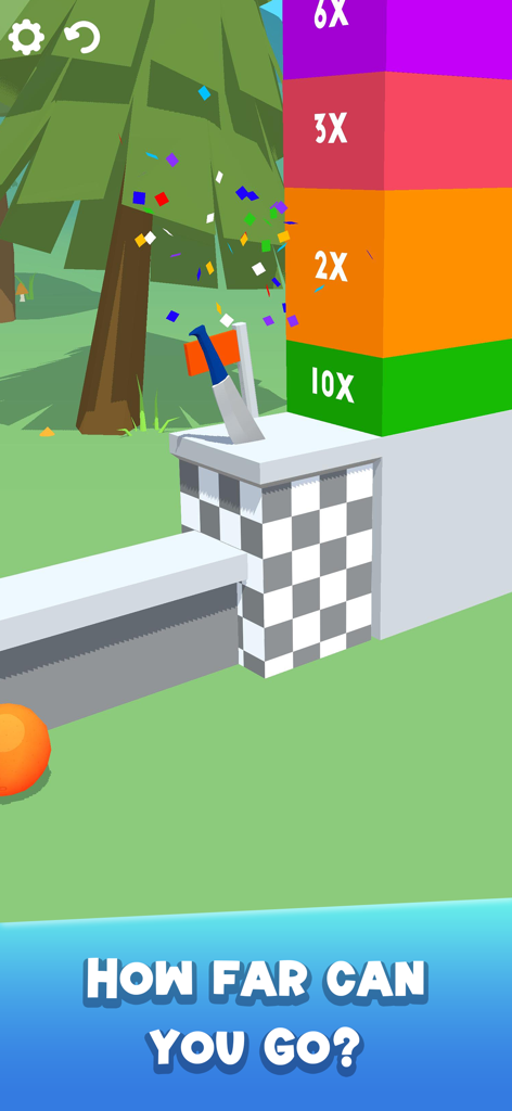 A knife landing at the finish line next to a score multiplier tower in Slice It All