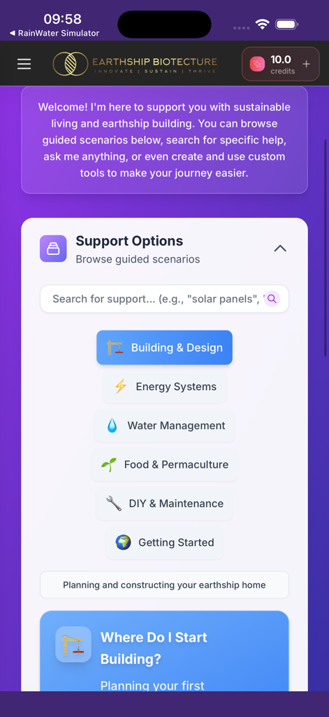 Interfaz de la aplicación Asistente Earthship que muestra categorías para diseño de construcción, sistemas de energía y gestión del agua