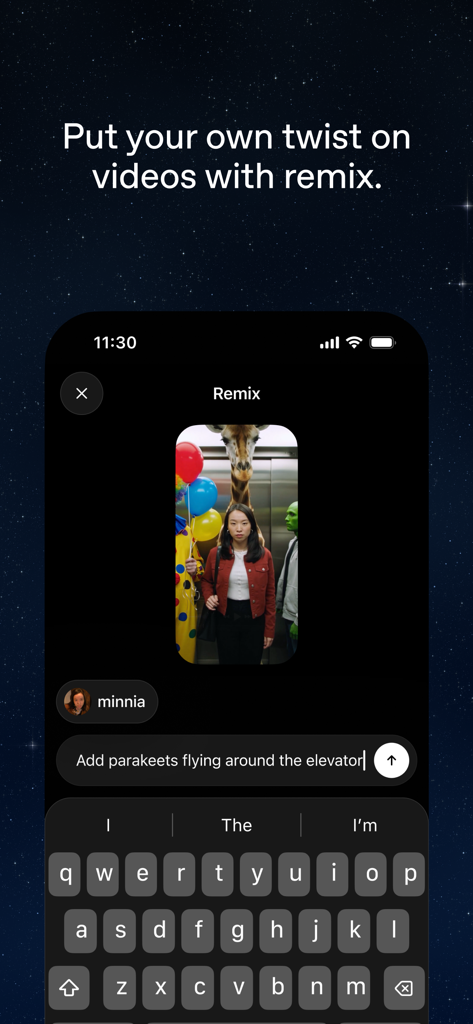Sora app interface showing the video remix feature with a text prompt to add parakeets to an elevator scene